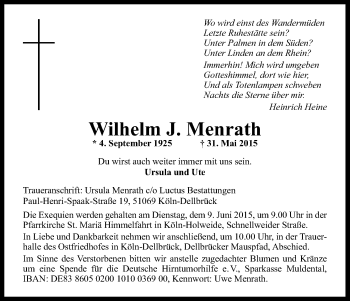 Anzeige von Wilhelm  Menrath von Kölner Stadt-Anzeiger / Kölnische Rundschau / Express