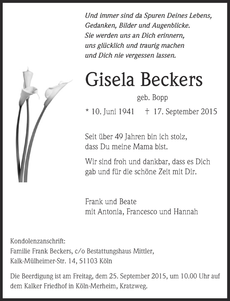  Traueranzeige für Gisela Beckers vom 23.09.2015 aus  Kölner Wochenspiegel 