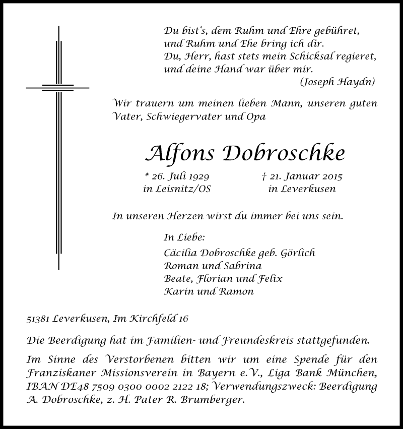  Traueranzeige für Alfons Dobroschke vom 04.02.2015 aus Kölner Stadt-Anzeiger / Kölnische Rundschau / Express