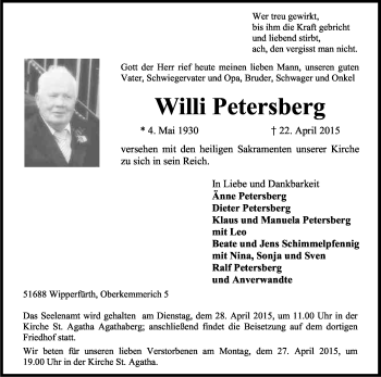 Anzeige von Willi Petersberg von Kölner Stadt-Anzeiger / Kölnische Rundschau / Express