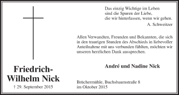 Anzeige von Friedrich-Wilhelm Nick von  Anzeigen Echo  Lokalanzeiger 