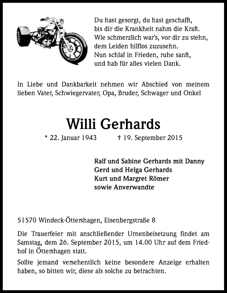  Traueranzeige für Willi Gerhards vom 22.09.2015 aus Kölner Stadt-Anzeiger / Kölnische Rundschau / Express