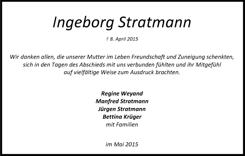  Traueranzeige für Ingeborg Stratmann vom 30.05.2015 aus Kölner Stadt-Anzeiger / Kölnische Rundschau / Express
