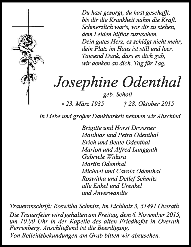  Traueranzeige für Josephine Odenthal vom 03.11.2015 aus Kölner Stadt-Anzeiger / Kölnische Rundschau / Express