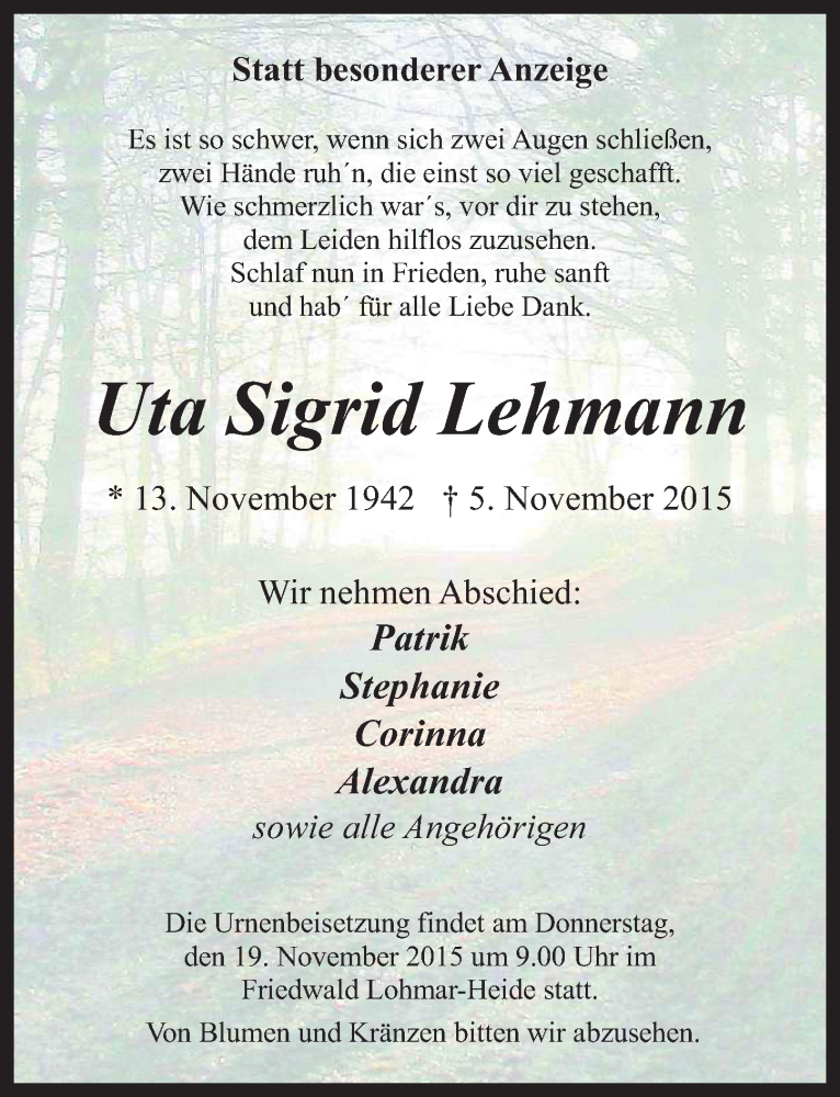  Traueranzeige für Uta Sigrid Lehmann vom 11.11.2015 aus  Kölner Wochenspiegel 