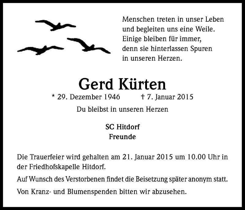  Traueranzeige für Gerd Kürten vom 17.01.2015 aus Kölner Stadt-Anzeiger / Kölnische Rundschau / Express