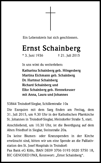 Anzeige von Ernst Schainberg von Kölner Stadt-Anzeiger / Kölnische Rundschau / Express