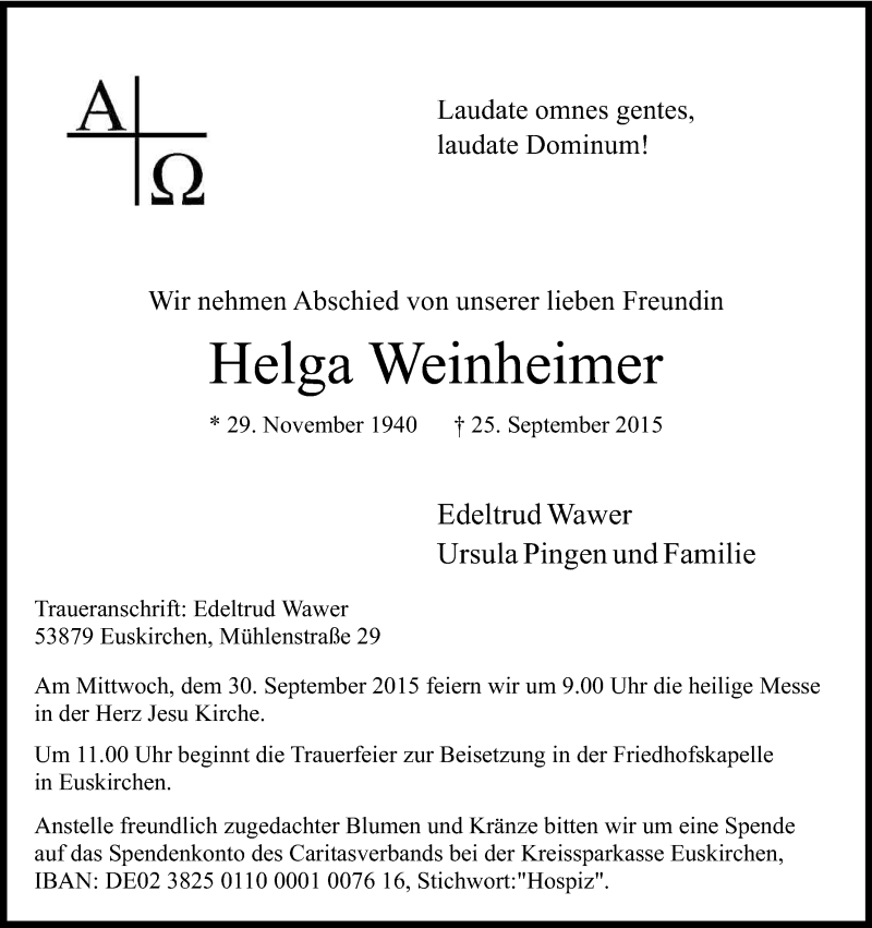  Traueranzeige für Helga Weinheimer vom 29.09.2015 aus Kölner Stadt-Anzeiger / Kölnische Rundschau / Express