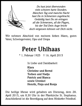 Anzeige von Peter Uhlhaas von Kölner Stadt-Anzeiger / Kölnische Rundschau / Express