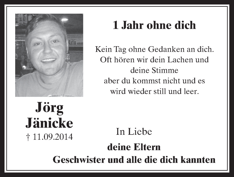  Traueranzeige für Jörg Jänicke vom 09.09.2015 aus  Werbepost 