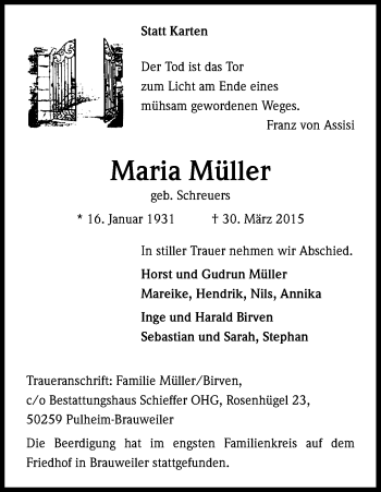 Anzeige von Maria Müller von Kölner Stadt-Anzeiger / Kölnische Rundschau / Express