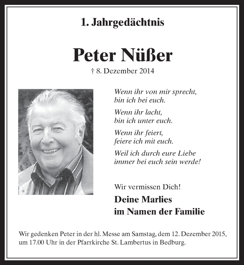  Traueranzeige für Peter Nüßer vom 09.12.2015 aus  Werbepost 