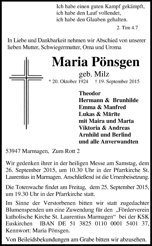  Traueranzeige für Maria Pönsgen vom 22.09.2015 aus Kölner Stadt-Anzeiger / Kölnische Rundschau / Express