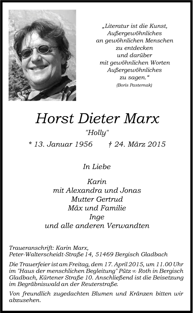 Traueranzeige für Horst Dieter Marx vom 01.04.2015 aus Kölner Stadt-Anzeiger / Kölnische Rundschau / Express