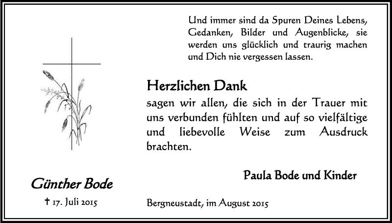  Traueranzeige für Günther Bode vom 22.08.2015 aus Kölner Stadt-Anzeiger / Kölnische Rundschau / Express