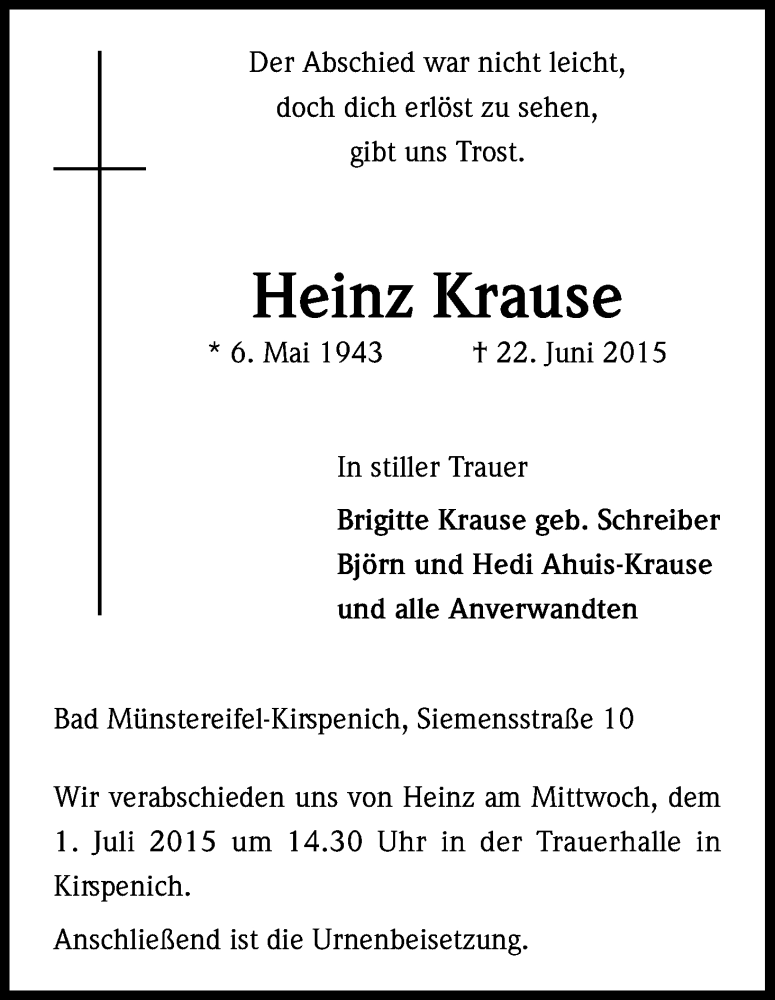  Traueranzeige für Heinz Krause vom 27.06.2015 aus Kölner Stadt-Anzeiger / Kölnische Rundschau / Express