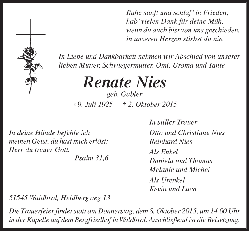  Traueranzeige für Renate Nies vom 07.10.2015 aus  Lokalanzeiger 