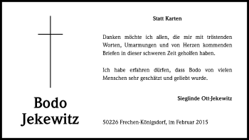 Anzeige von Bodo Jekewitz von Kölner Stadt-Anzeiger / Kölnische Rundschau / Express