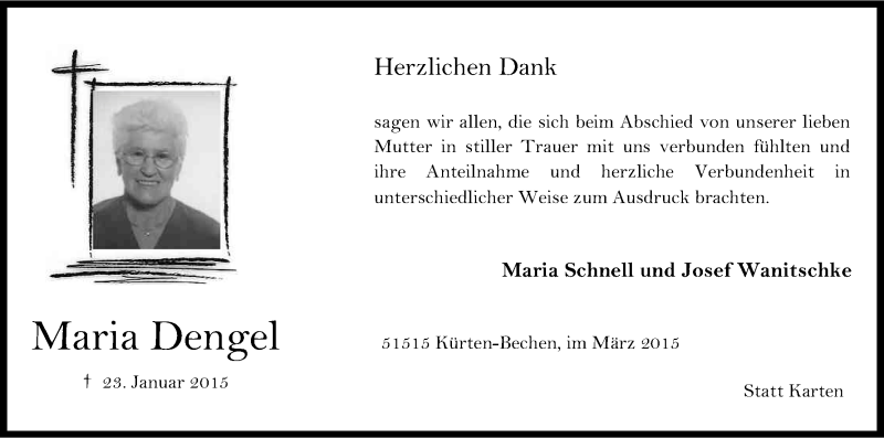  Traueranzeige für Maria Dengel vom 07.03.2015 aus Kölner Stadt-Anzeiger / Kölnische Rundschau / Express