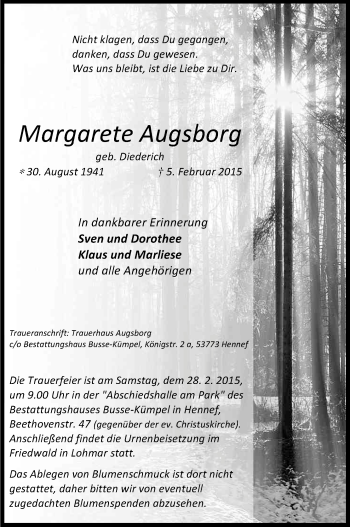 Anzeige von Margarete Augsborg von Kölner Stadt-Anzeiger / Kölnische Rundschau / Express