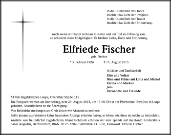 Anzeige von Elfriede Fischer von Kölner Stadt-Anzeiger / Kölnische Rundschau / Express