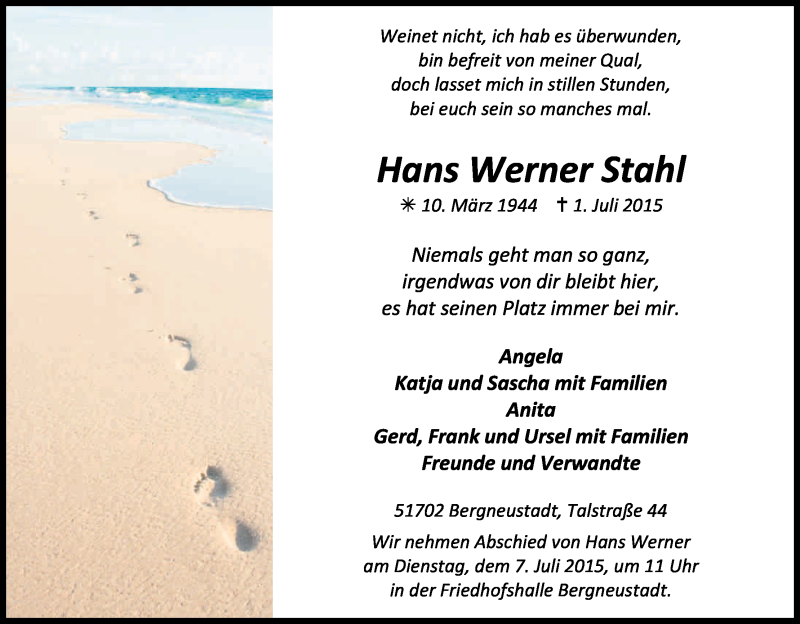  Traueranzeige für Hans Werner Stahl vom 04.07.2015 aus Kölner Stadt-Anzeiger / Kölnische Rundschau / Express