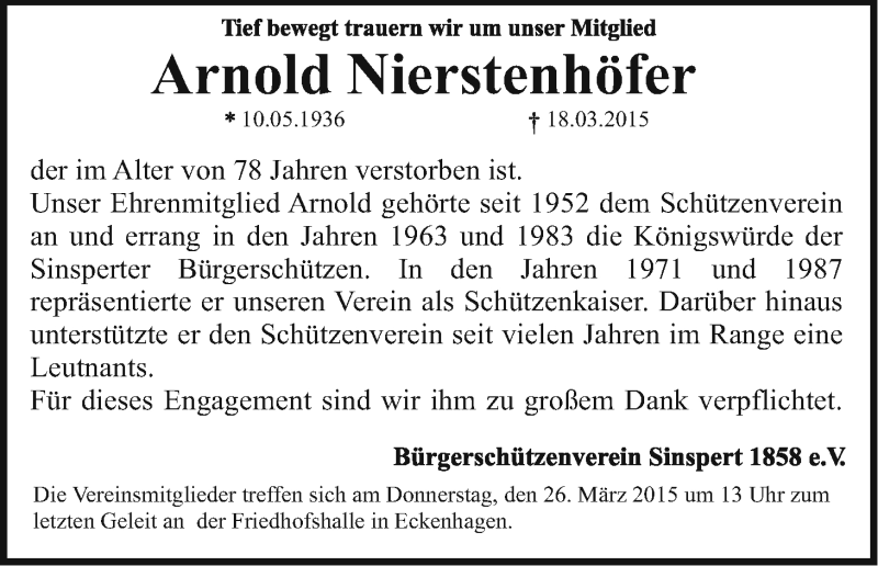  Traueranzeige für Arnold Nierstenhöfer vom 26.03.2015 aus Kölner Stadt-Anzeiger / Kölnische Rundschau / Express