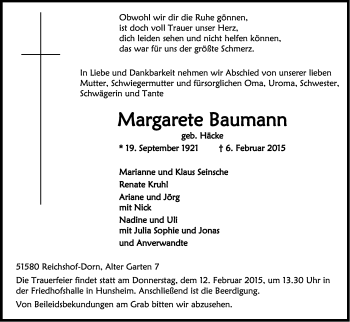 Anzeige von Margarete Baumann von Kölner Stadt-Anzeiger / Kölnische Rundschau / Express