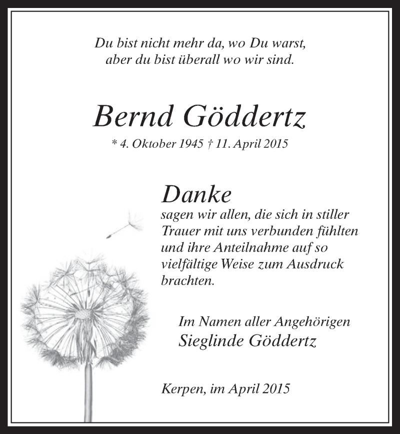  Traueranzeige für Bernd Göddertz vom 29.04.2015 aus  Werbepost 