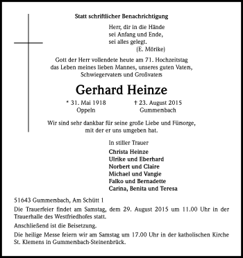 Anzeige von Gerhard Heinze von Kölner Stadt-Anzeiger / Kölnische Rundschau / Express
