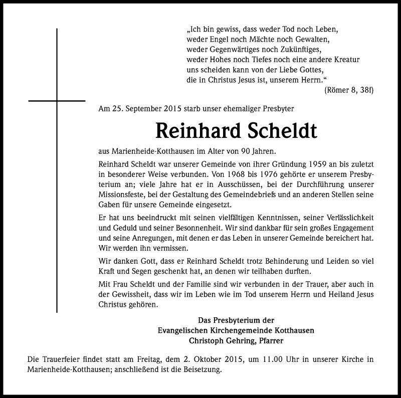  Traueranzeige für Reinhard Scheldt vom 29.09.2015 aus Kölner Stadt-Anzeiger / Kölnische Rundschau / Express
