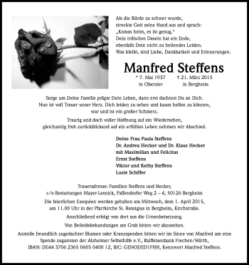 Anzeige von Manfred Steffens von Kölner Stadt-Anzeiger / Kölnische Rundschau / Express