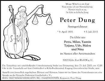 Anzeige von Peter Dung von Kölner Stadt-Anzeiger / Kölnische Rundschau / Express
