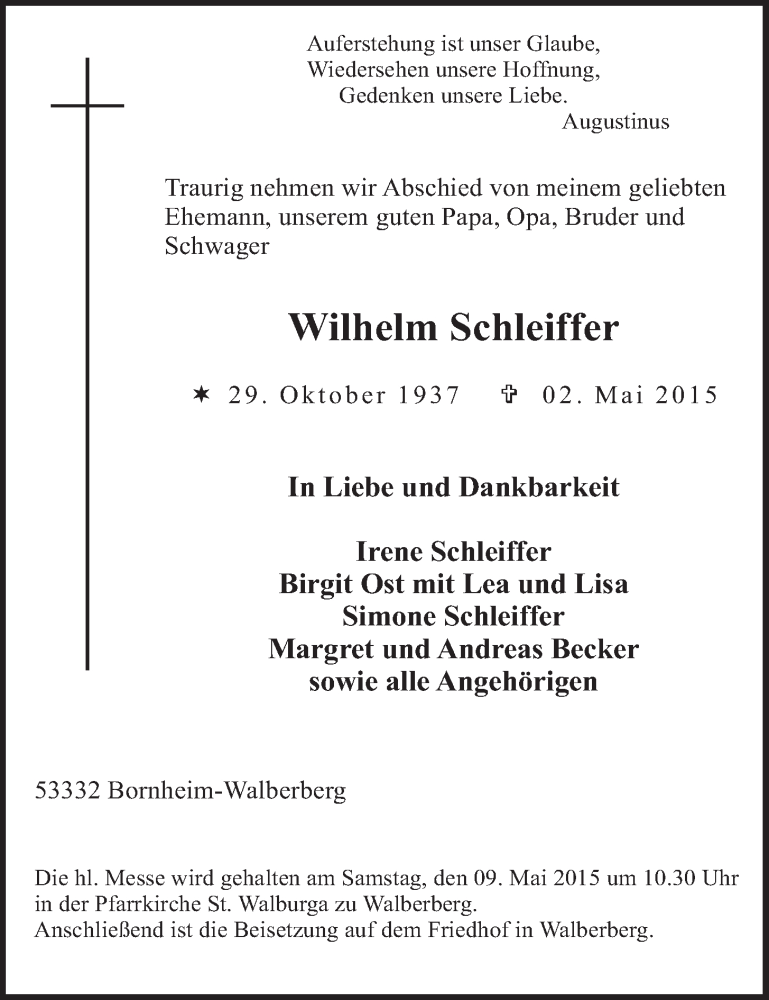  Traueranzeige für Wilhelm Schleiffer vom 06.05.2015 aus  Schlossbote/Werbekurier 