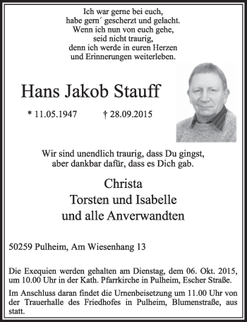 Anzeige von Hans Jakob Stauff von  Sonntags-Post 