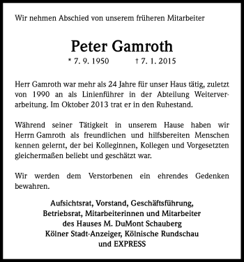 Anzeige von Peter Gamroth von Kölner Stadt-Anzeiger / Kölnische Rundschau / Express