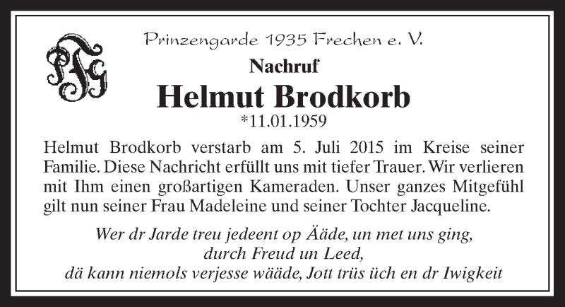 Traueranzeige für Helmut Brodkorb vom 15.07.2015 aus  Wochenende 