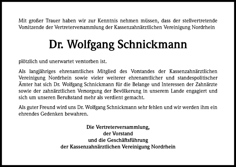  Traueranzeige für Wolfgang Schnickmann vom 26.09.2015 aus Kölner Stadt-Anzeiger / Kölnische Rundschau / Express