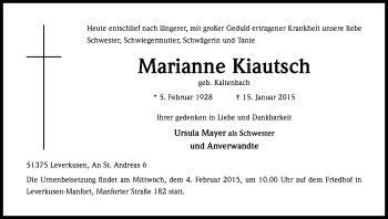 Anzeige von Marianne Kiautsch von Kölner Stadt-Anzeiger / Kölnische Rundschau / Express