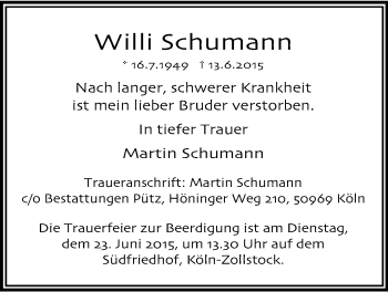 Anzeige von Willi Schumann von Kölner Stadt-Anzeiger / Kölnische Rundschau / Express