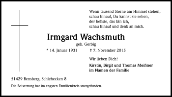 Anzeige von Irmgard Wachsmuth von Kölner Stadt-Anzeiger / Kölnische Rundschau / Express