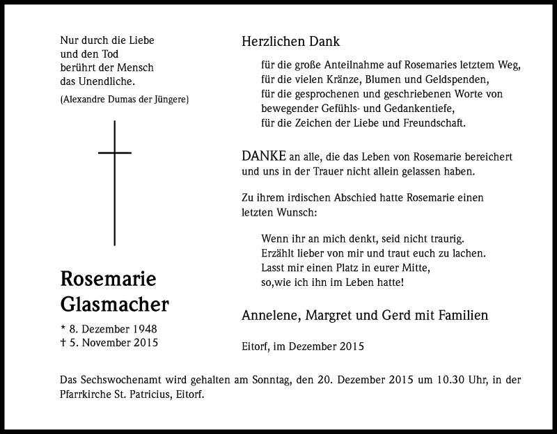  Traueranzeige für Rosemarie Glasmacher vom 11.12.2015 aus Kölner Stadt-Anzeiger / Kölnische Rundschau / Express