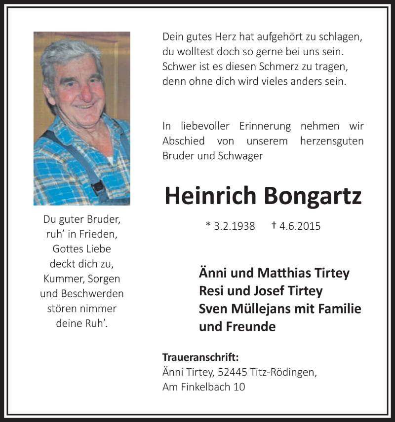  Traueranzeige für Heinrich Bongartz vom 13.06.2015 aus  Sonntags-Post 