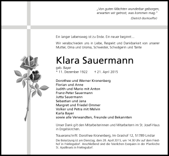 Anzeige von Klara Sauermann von Kölner Stadt-Anzeiger / Kölnische Rundschau / Express