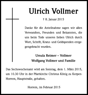 Anzeige von Ulrich Vollmer von Kölner Stadt-Anzeiger / Kölnische Rundschau / Express