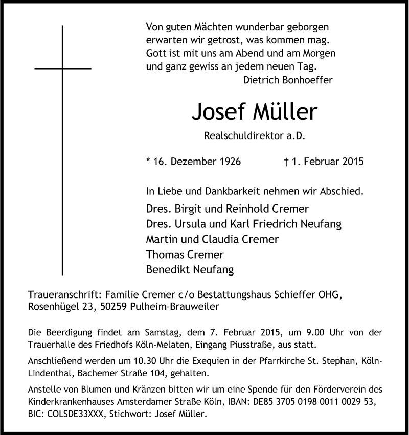  Traueranzeige für Josef Müller vom 04.02.2015 aus Kölner Stadt-Anzeiger / Kölnische Rundschau / Express