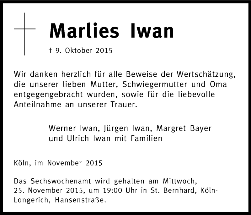  Traueranzeige für Marlies Iwan vom 14.11.2015 aus Köln - Wir Trauern