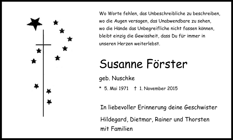  Traueranzeige für Susanne Förster vom 07.11.2015 aus Kölner Stadt-Anzeiger / Kölnische Rundschau / Express