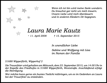 Anzeige von Laura Marie Kautz von Kölner Stadt-Anzeiger / Kölnische Rundschau / Express