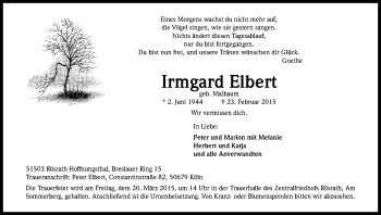 Anzeige von Irmgard Elbert von Kölner Stadt-Anzeiger / Kölnische Rundschau / Express